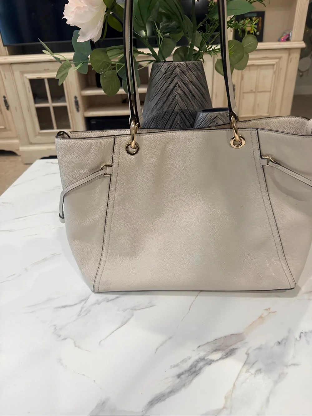 Michael Kors Cream Pebbled Leather Tote with Gold Accents